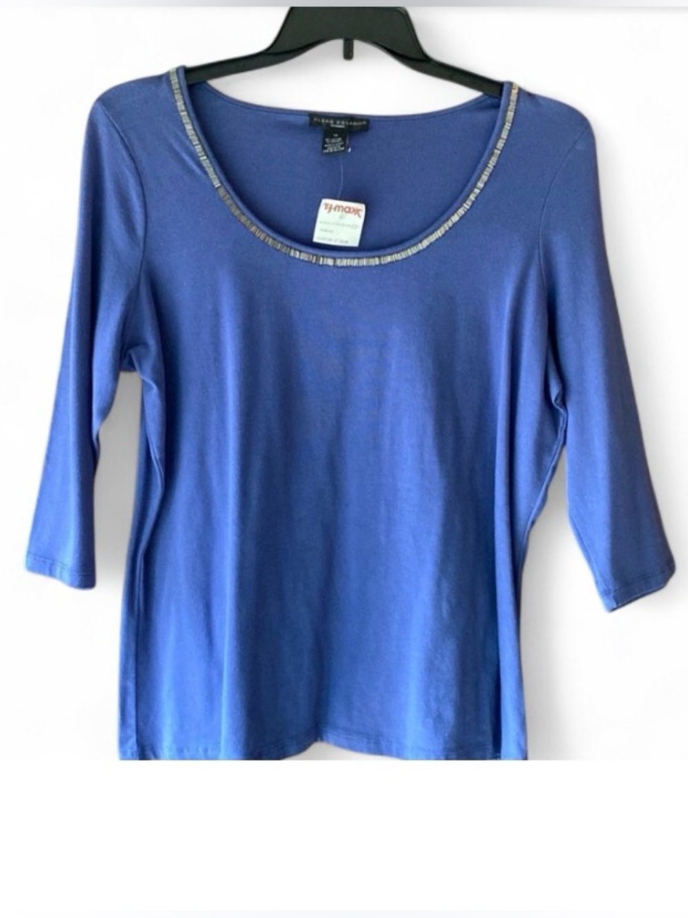 Elena Solano Women’s 1X NWT Indigo 3/4 Sleeve Top Gunmetal Beaded Neck